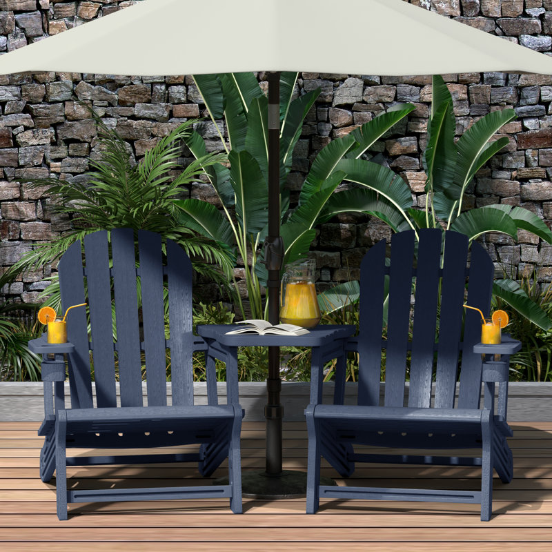 Outdoor Poly Adirondack Chair Set With Connecting Tray & Cup Holder, Navy