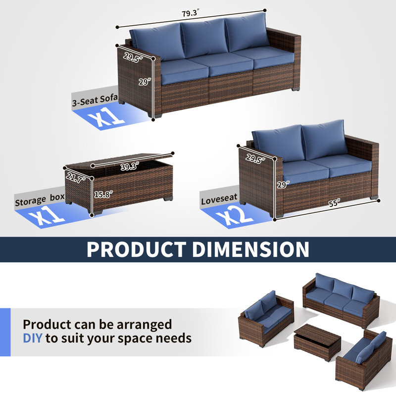 Fille 4-Piece Spacious Armrest Outdoor Sectional Rattan Conversation Set with Storage Table, Navy