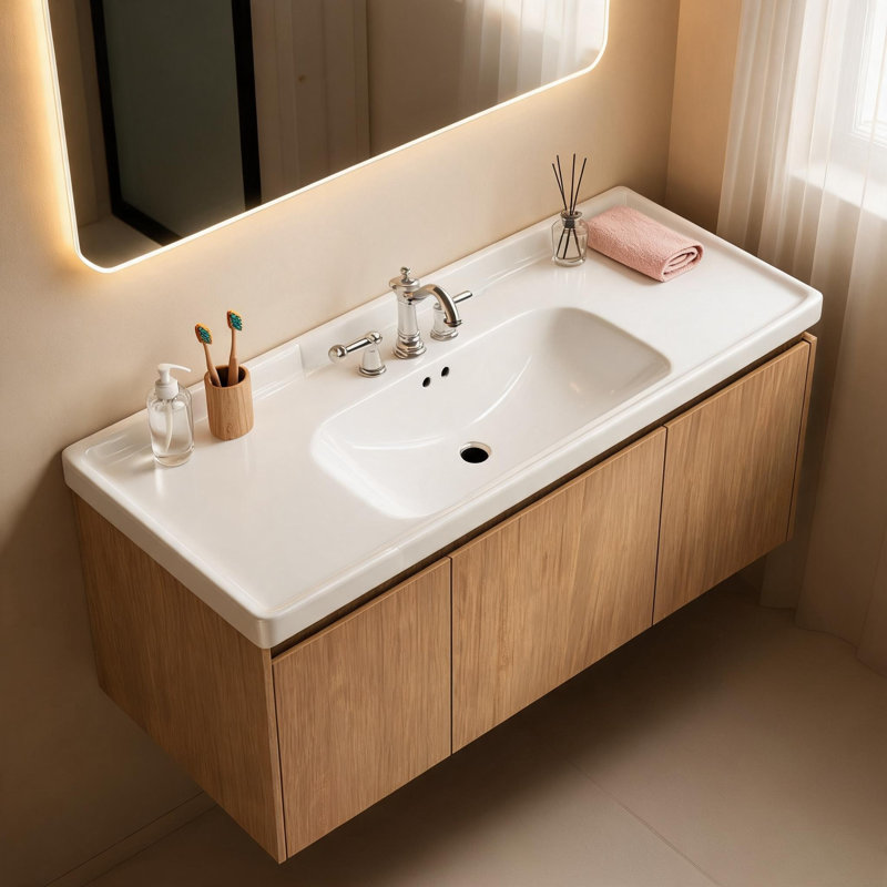 Lavabo de salle de bain en céramique blanche de 122 cm (48 po) avec trois trous prépercés pour robinetterie et trop-plein
