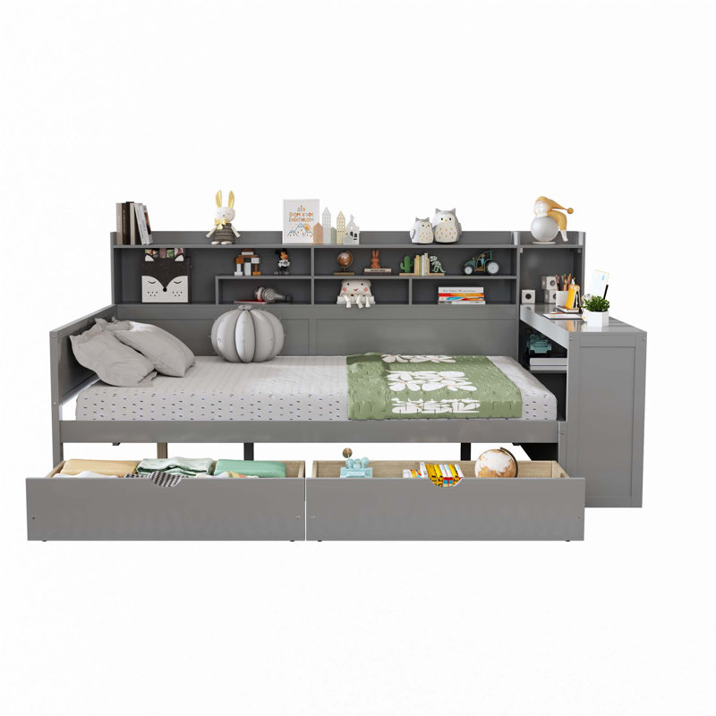Lit de jour en bois avec tablettes de rangement, lit multifonctionnel avec deux tiroirs de rangement et bureau d'étude, Gris