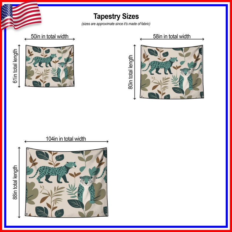 Tapisserie murale léopard bleu sarcelle avec feuilles - Léopard, H 50 po x l 60 po avec 4 œillets