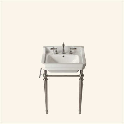 Lavabo de console de salle de bain, meuble-lavabo mural en céramique avec 3 trous de robinet pré-percés, pieds de support autoportants en acier inoxydable avec barre à serviettes, sans robinet ni couvercle de lavabo