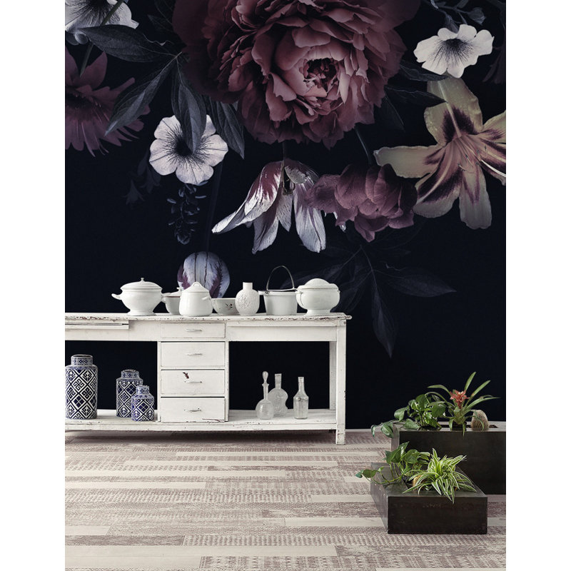 Papier peint amovible fleur de pivoine foncé, L 9 po x l 15 po