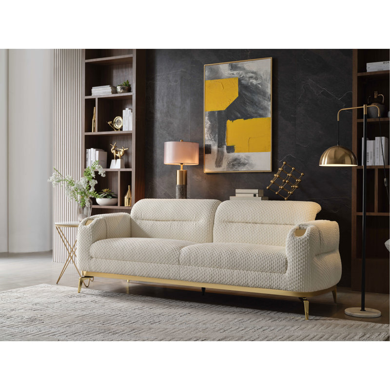 Causeuse Zoe de style moderne faite de bois et d'accents dorés de couleur crème identique à G150109331 (NJ Stock)