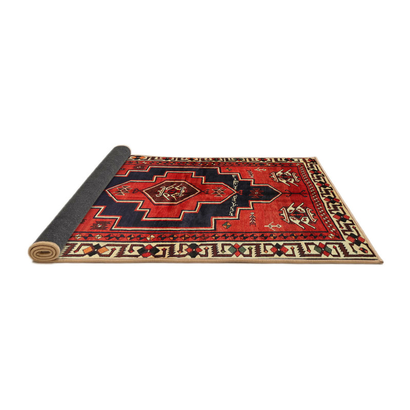 Tapis rouge / noir / jaune en laine tissé à la machine Southwestern, Rond 6 pi