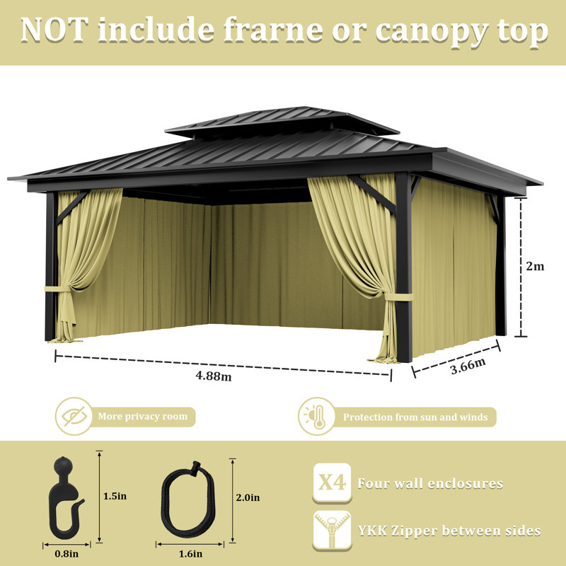 4-Panels Sidewall Curtains For Gazebo, Only Curtains, 78.74" H x 192" W x 144" D, Light Yellow