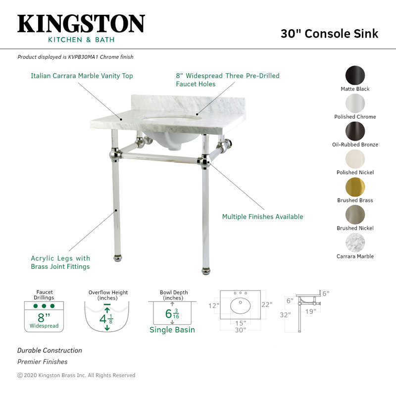 Comptoir de meuble-lavabo en marbre Carrara de 30 po Kingston avec pieds en acrylique transparent (8 po, 3 trous) Kingston