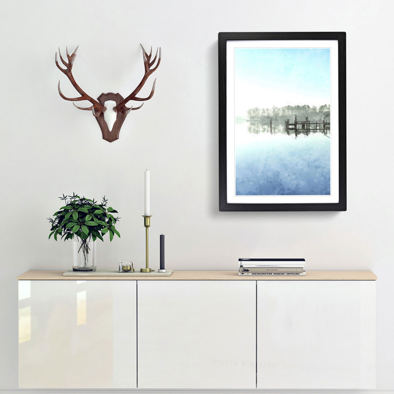 Trees Reflecting in a Lake in North Carolina - Picture Frame Painting Print, 63cm H x 45cm W x 2cm D, Black Framed