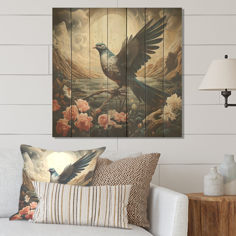 Vintage Dove Sunset Flight - colombe sur bois, H 15 po x l 15 po