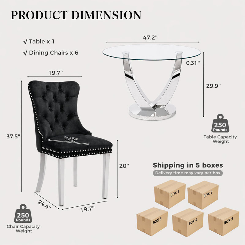 47.2" Round Glass Dining Table Set, Modern Tempered Glass Kitchen Table with 6 Velvet Upholstered Chairs, Silver/Black