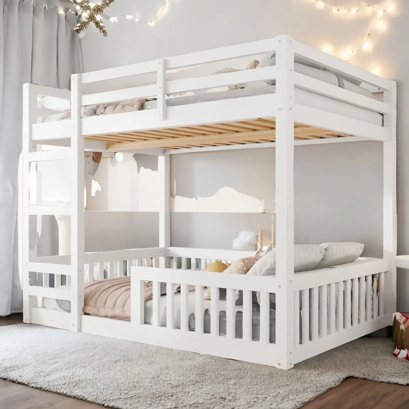 Simple Sturdy Bunk Bed with Ladder and Guardrails, White