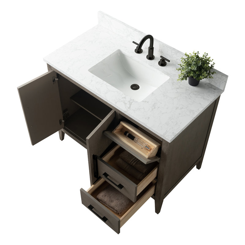 Chambery 42" Single Sink Bathroom Vanity with Engineered Marble Top, Matte Black, Driftwood Gray