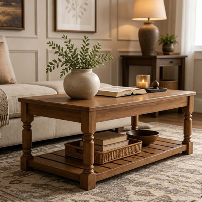 Wooden Coffee Table with Slatted Lower Shelf, Rectangular Turned Solid Wood Leg Cocktail Table, Center Table