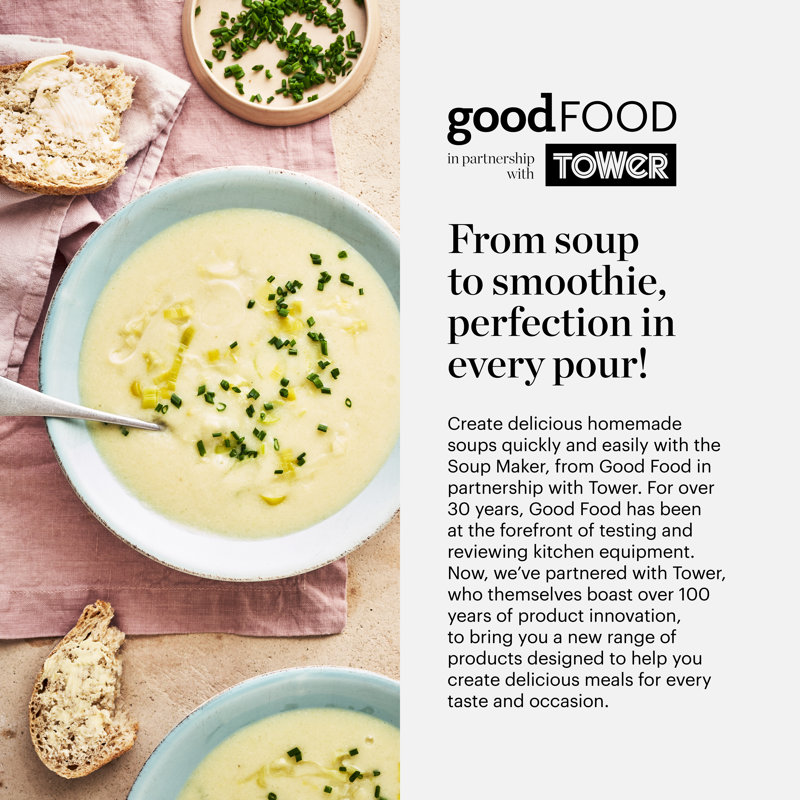 GF12069 Good Food in partnership with Tower Soup Maker with Sauté Function, LED Control Panel, Stainless Steel Jug, 5 Functions, Stainless Steel Blade, 1.6L, Black & Stainless Steel