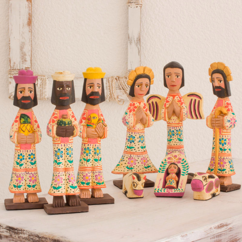 Ensemble de figurine en bois sculpté à la main 10 pièces crèche scene