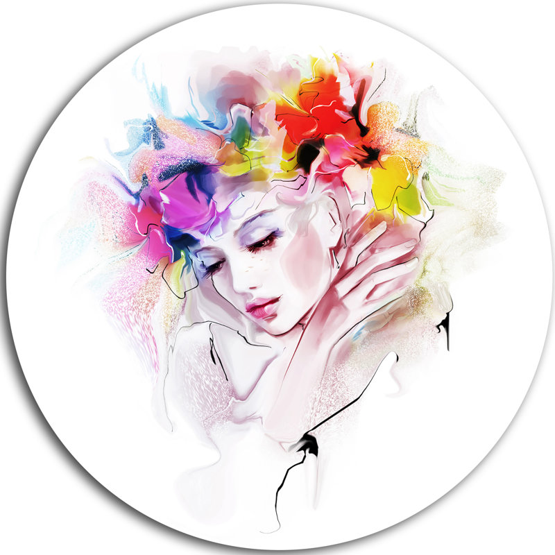 «Girl with Flowers Wreath», peinture, H 38 po x l 38 po x P 1 po, Métal