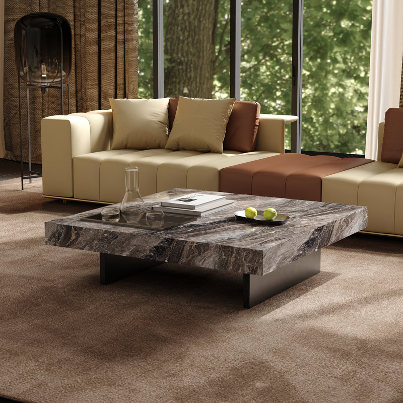 Tables basses luxueuses de style carré en faux marbre de 42 po avec 2 pieds en acier inoxydable lustré et pieds noirs avec plateau et pieds en silicone