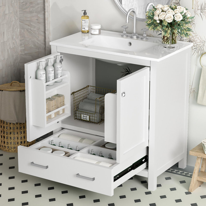 Meuble-lavabo de 30 po avec lavabo, armoires à double porte et tiroirs, Blanc