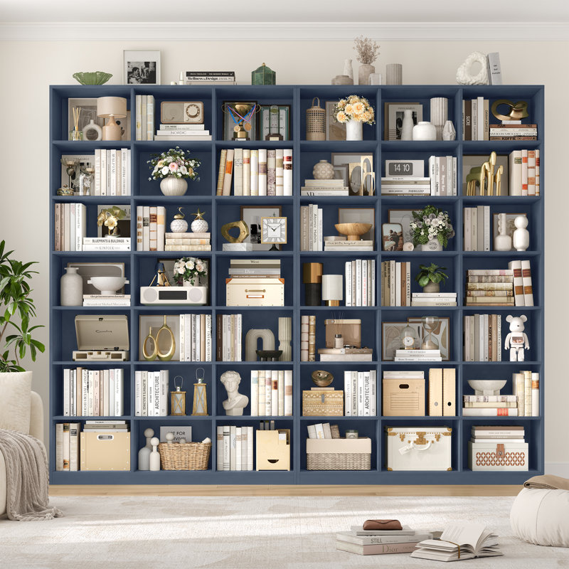 86"H X 47.2"W 7-Tier Standard Wood Storage Bookcase, Blue