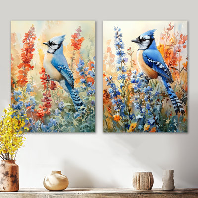 Blue Jay in the Summer Garden I - Birds, ensemble de 2 décorations murales en métal