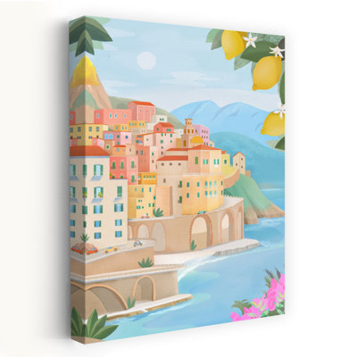 Côte amalfitaine, Italie - Illustration murale abstraite et colorée représentant un citronnier et une architecture côtière