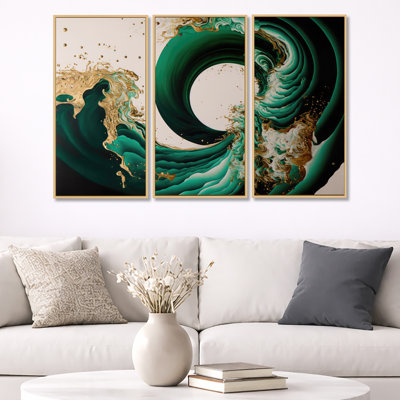 Beffrey Divaraj vert émeraude et vagues abstraites dorées IV - 3 pièces, reproduction sur toile