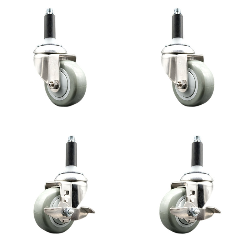 Poly Swivel Expanding Stem Caster Set with 2 Lock Brake, H 3 po x l 3 po