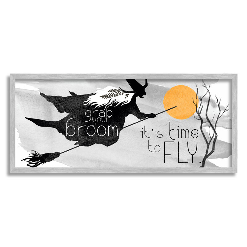 «Flying Witch Broom», typographie, nuit d'Halloween, ciel noir, estampe numérique, art texturé par Jennifer Paxton Parker