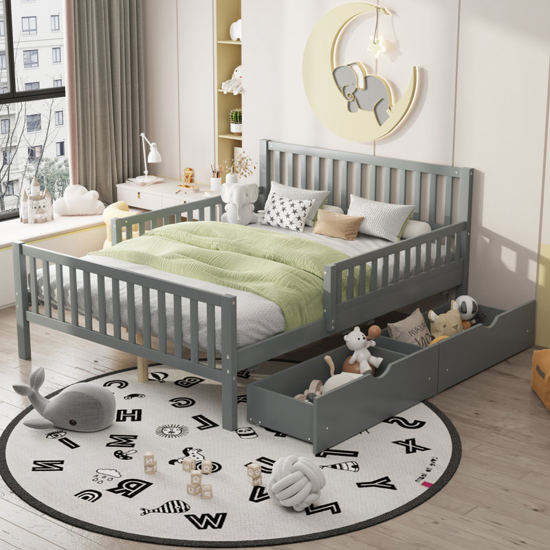 Curits 2 Drawers Platform Bed with Guardrails, Full, Gray