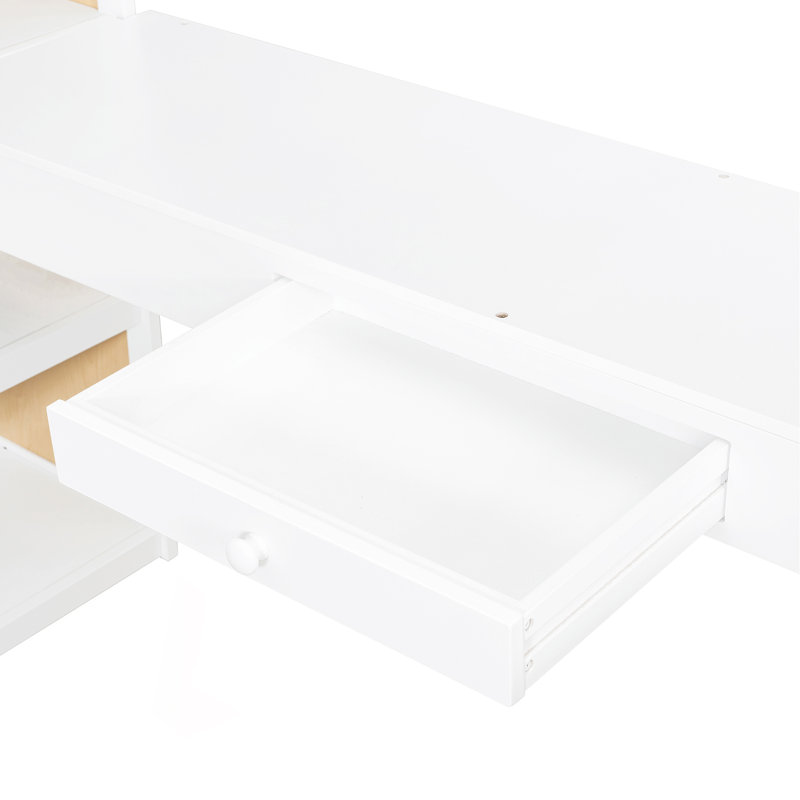 Lit mezzanine avec échelle, tablettes et bureau, blanc, Lit simple