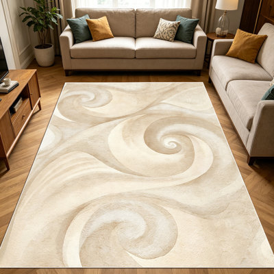 Tapis à motif abstrait tourbillon beige neutre de 1 pièce pour le salon, doux et confortable, convient à toutes les saisons, facile à entretenir, tapis de sol intérieur lavable à la machine, sous la table de ferme convenant à la salle à manger, à la chambre à coucher, au vestibule, à la cuisine,