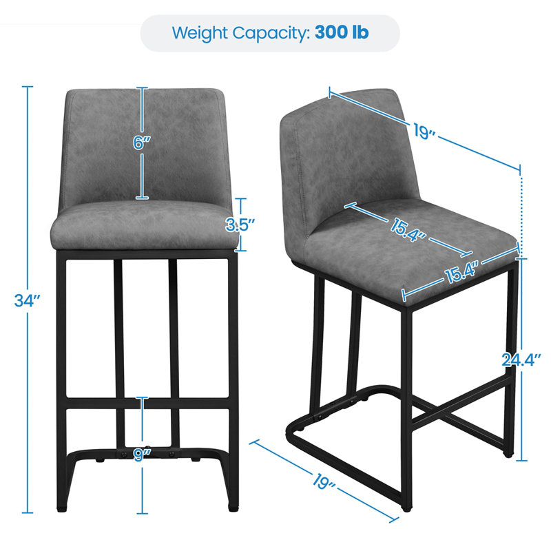 Gray Faux Leather Upholstered Counter Stools with Iron Frame, Set of 2