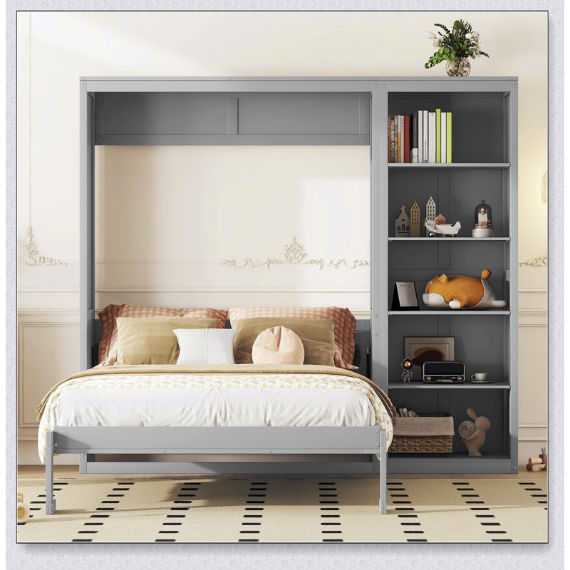 Lit escamotable mural avec tablettes Murphy, Gris, Grand lit