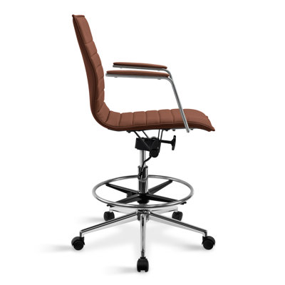 Set of 2 Modern Drafting Chair | Upholstered PU Leather Ribbed Mid Back with Tall Adjustable Base & Leg Rest | Computer Armchair for Home, Executive,