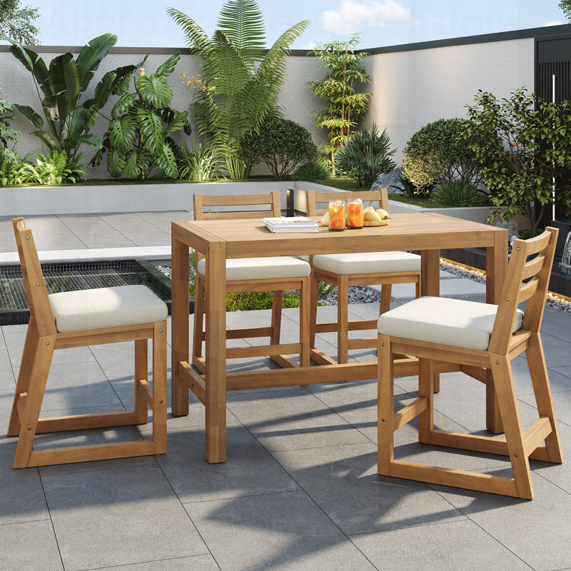 Ensemble de bar de patio 5 pièces, table de patio et chaises avec design ergonomique, plateau à lattes en bois massif pour les espaces extérieurs
