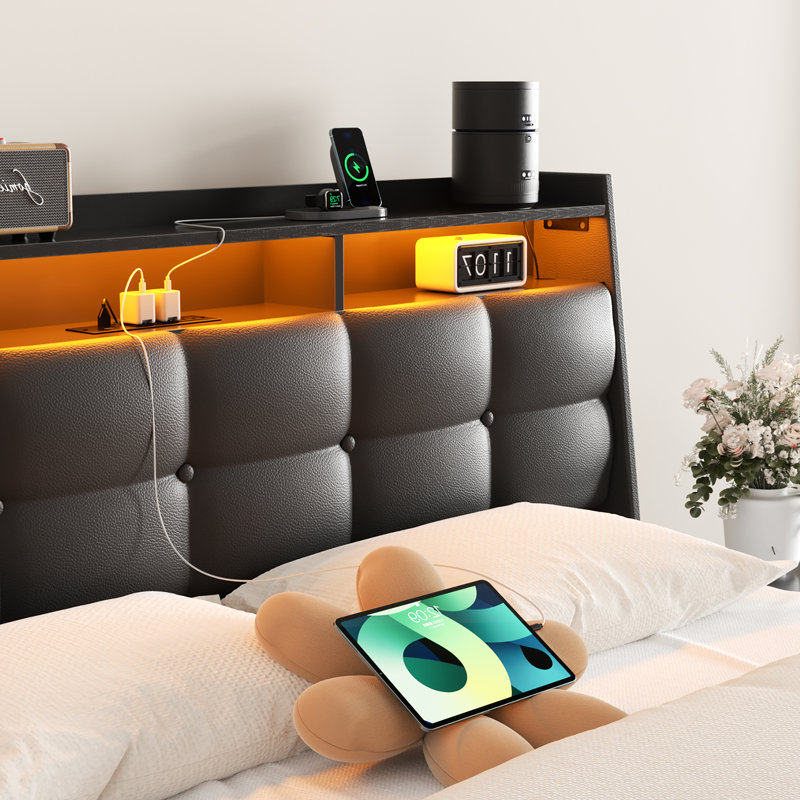 Black Queen Upholstered Bed Frame with LED Lighted Storage Headboard and Drawers