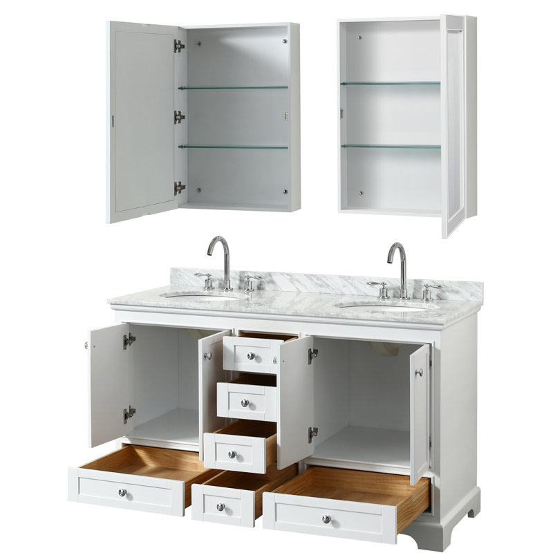 Deborah 60'' Double Bathroom Vanity with Marble Top, White, Polished Chrome