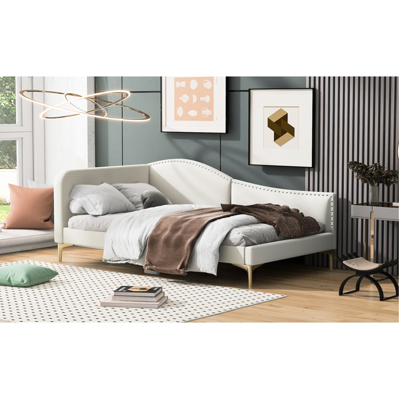 Twin Size Upholstered Daybed With Headboard & Armrest, Beige - Modern, , Comfortable Arm , Versatile, Attractive, Twin, Beige