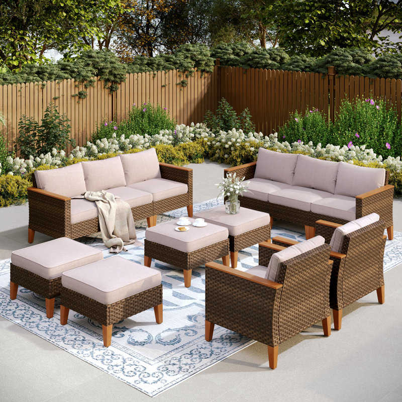 All Weather Wicker/Rattan 12 - Person Seating Group with Cushions, Beige