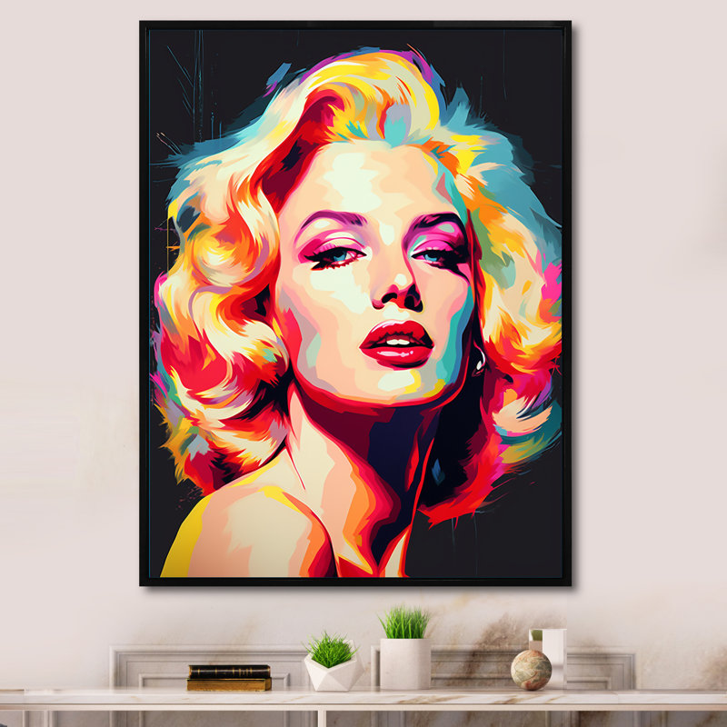 Pop Art Marilyn en couleur - art mural moderne, salon, H 32 po x l 16 po x P 1 po, Cadre flottant noir