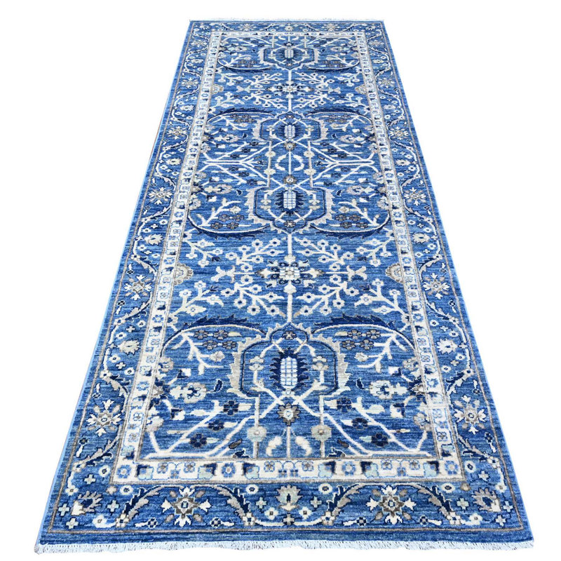 Tapis oriental bleu en laine noué à la main 4 pi 1 po x 9 pi 6 po Ceruleau