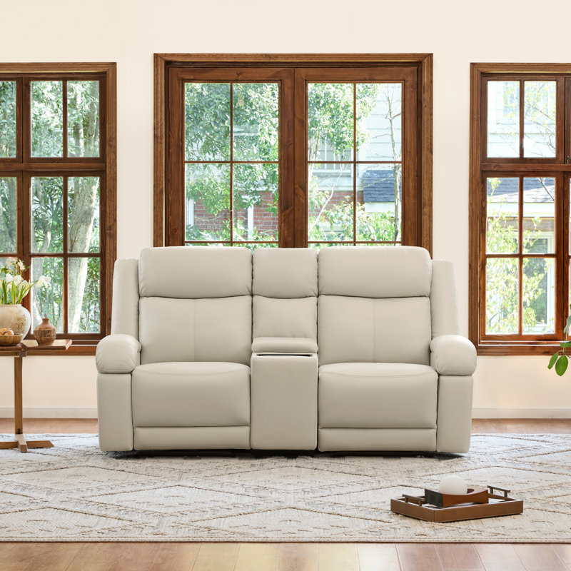 Zachery Genuine Leather Power Reclining Sofa with Multifunctional Console, Cream, 2