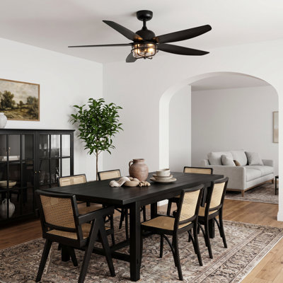 Ventilateur de plafond extérieur 56 pouces avec lumière, ventilateur de plafond à 5 pales noir mat avec télécommande et contrôle APP, moteur à courant continu à 6 vitesses, indice de protection IP54, douilles E12 doubles, fixation sur tige vertica