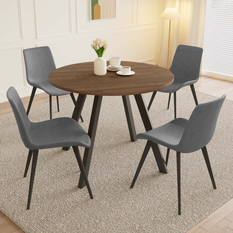 Ensemble de table de salle à manger ronde, table de cuisine moderne avec chaises, Gris, Tanné, 5 Pieces: Table, 4 Chairs 