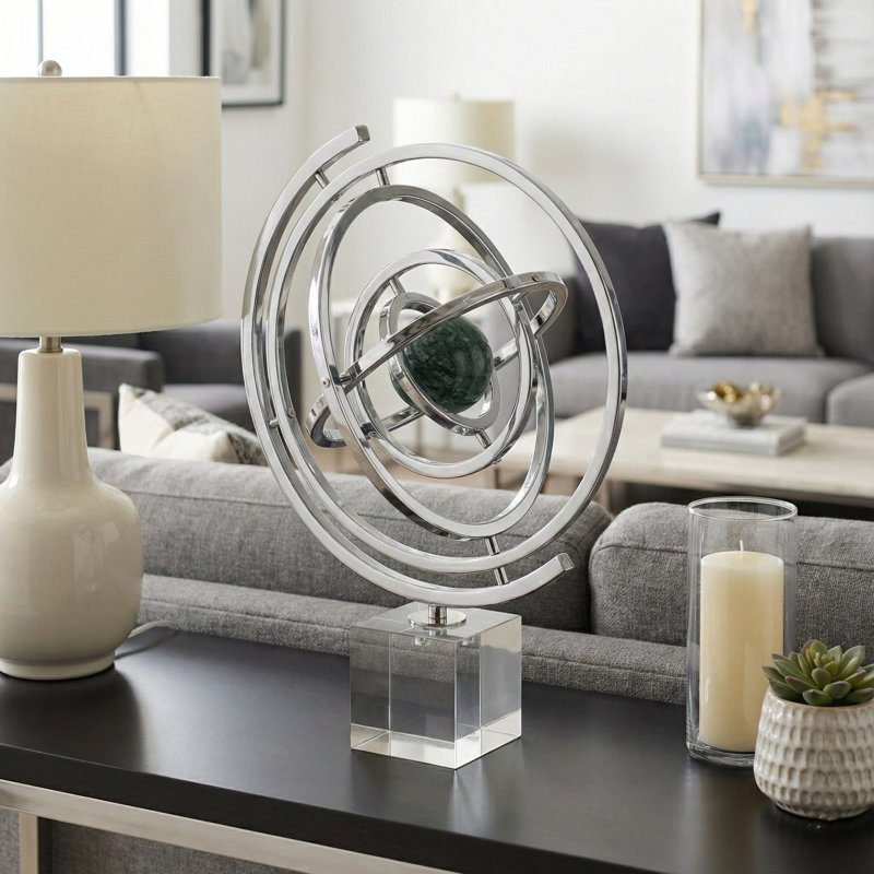 Abstract Metal Orb Ring Sculpture Object with Marble Base for Home Decor - Sculptural Decorative Accent for Living Room Styling- 17", Blue & Silver