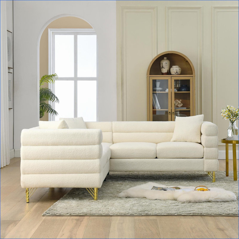 Cioffred 81.5" L-Shaped 5-Seater Sectional Sofa with Cushions, White Teddy