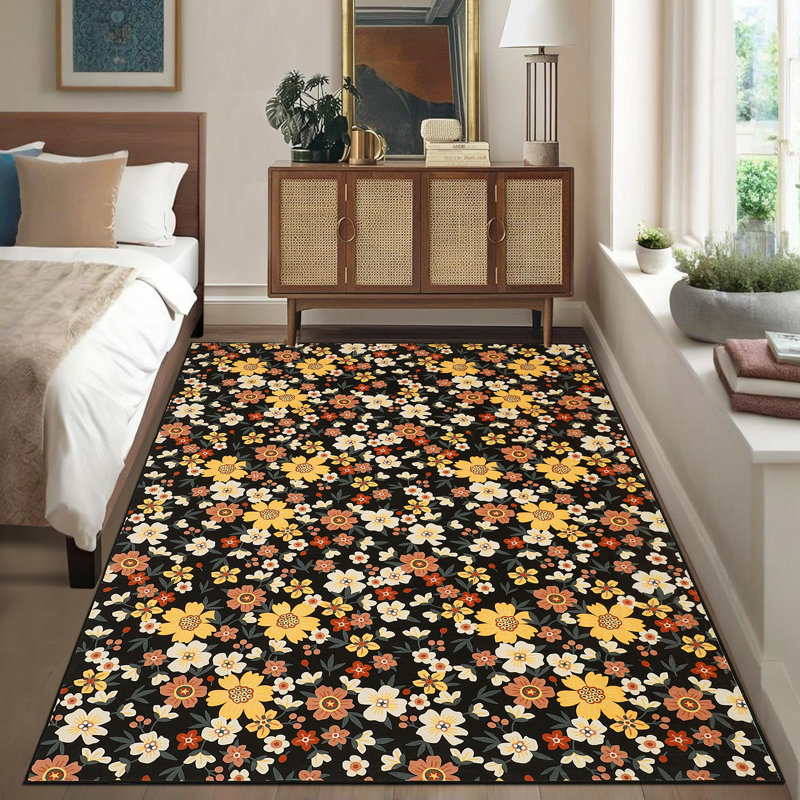 Large Modern Living Room Rug Washable Floral Print Accent Carpet With Rubber Backing, Stain-Resistant Farmhouse Floor Cover Low Pile Rugs