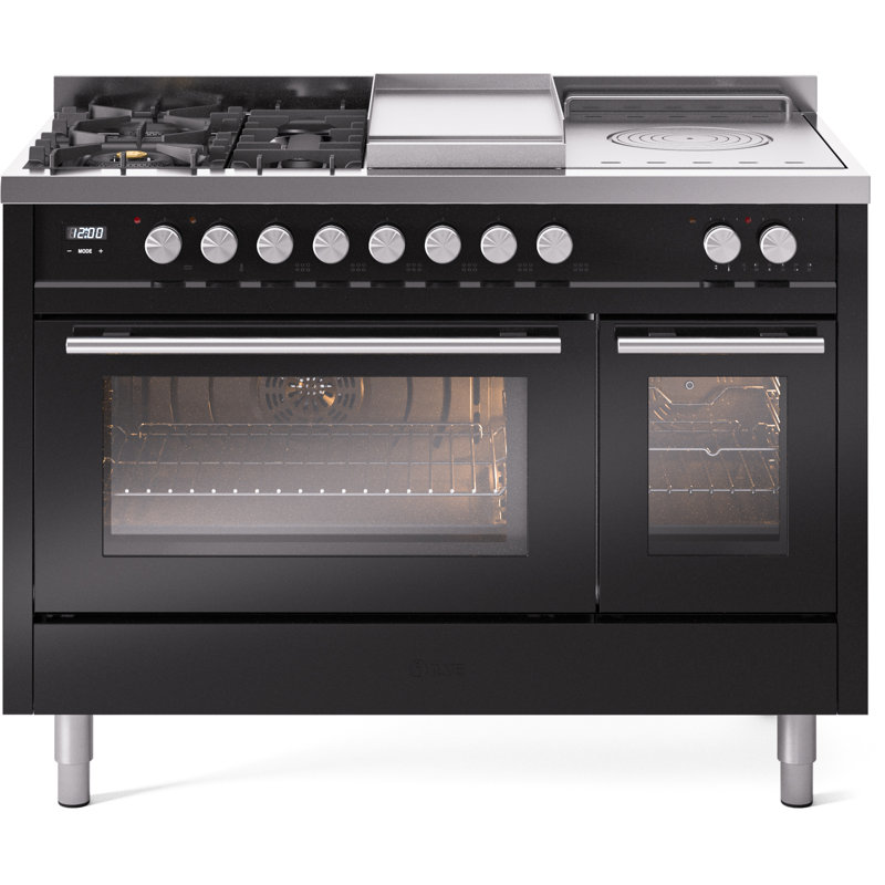 Cuisinière à double carburant ILVE ProfessionalPlus II 48, boutons, Gaz naturel, Noir lustré