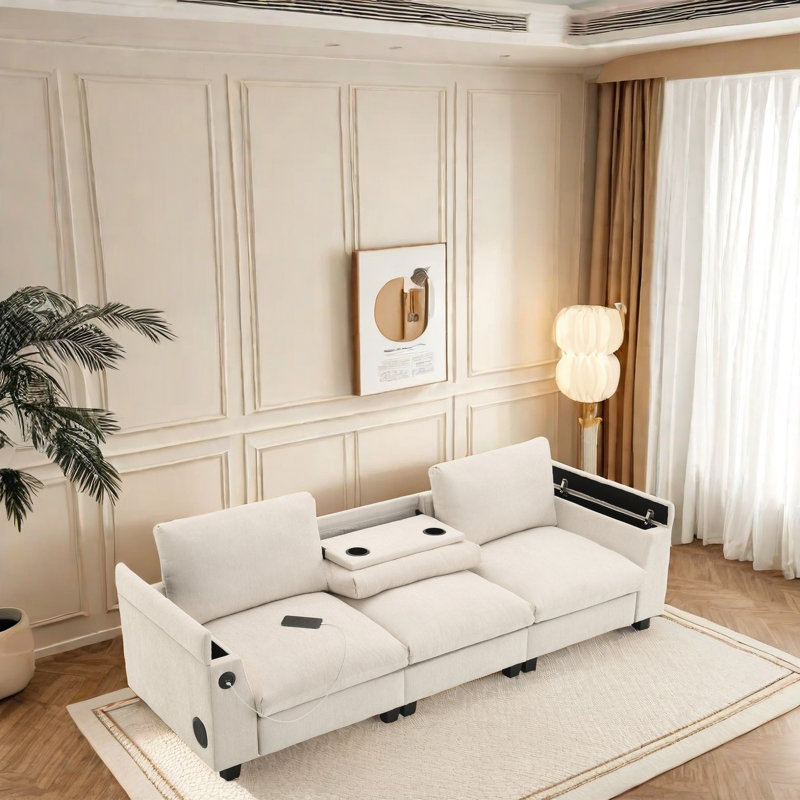 Chenille Sofa With Drop-Down Table, Bluetooth Speakers, Usb Charger, Cup Holders, Hidden Armrest Storage, And Extra-Wide Seating For Living Room
