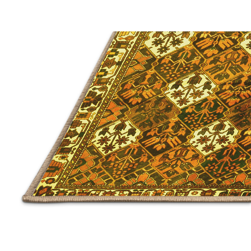 Tapis traditionnels jaunes lavables à la machine 1353, Rectangle 7 pi x 9 pi